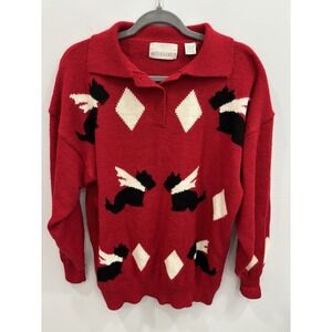 Motherhood Red Vintage Knit Sweater Flying Dog Graphic Pullover L Quirky Retro